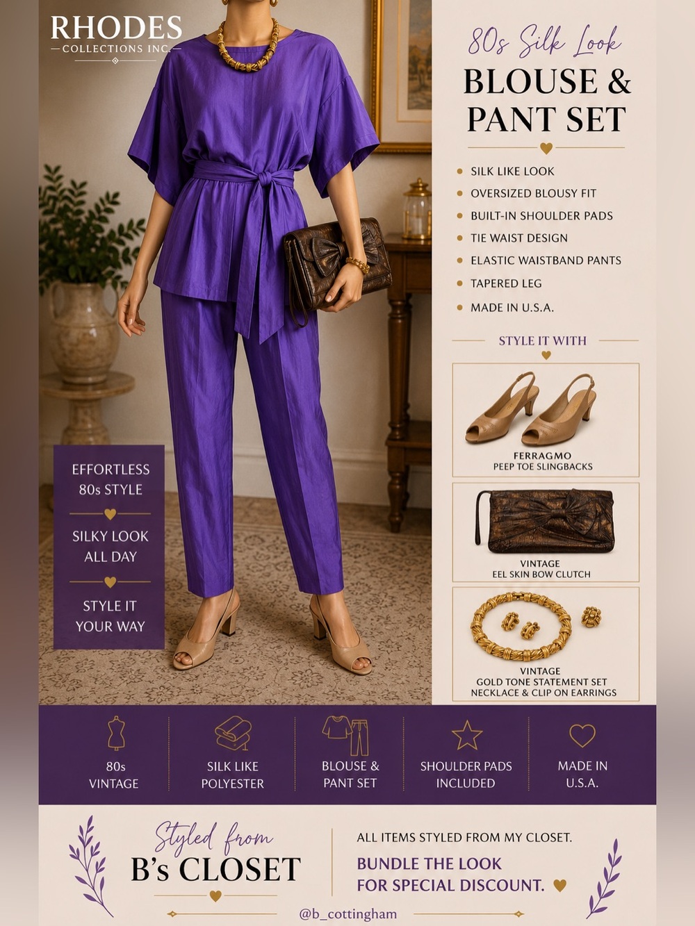 Vintage Rhodes Collections Purple Blouse Pant Set 80s Silky Power Suit USA